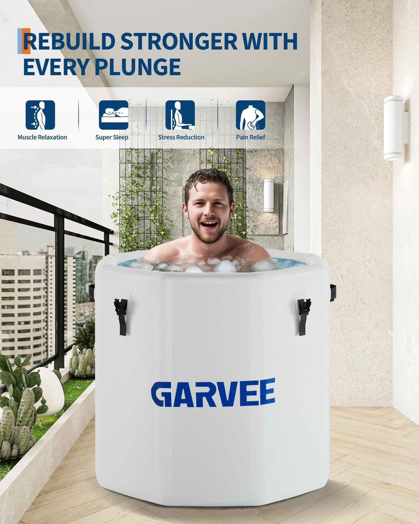 GarveeTech Ice Bath Tub for Athletes, Compatible with Water Chillers, 186Gallon Inflatable Cold Plunge Tub with Insulated Lid, Portable Cold Water Therapy Ice Pod for Recovery (White-Blue, 186Gallon)