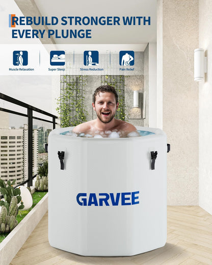 GarveeTech Ice Bath Tub for Athletes, Compatible with Water Chillers, 186Gallon Inflatable Cold Plunge Tub with Insulated Lid, Portable Cold Water Therapy Ice Pod for Recovery (White-Blue, 186Gallon)