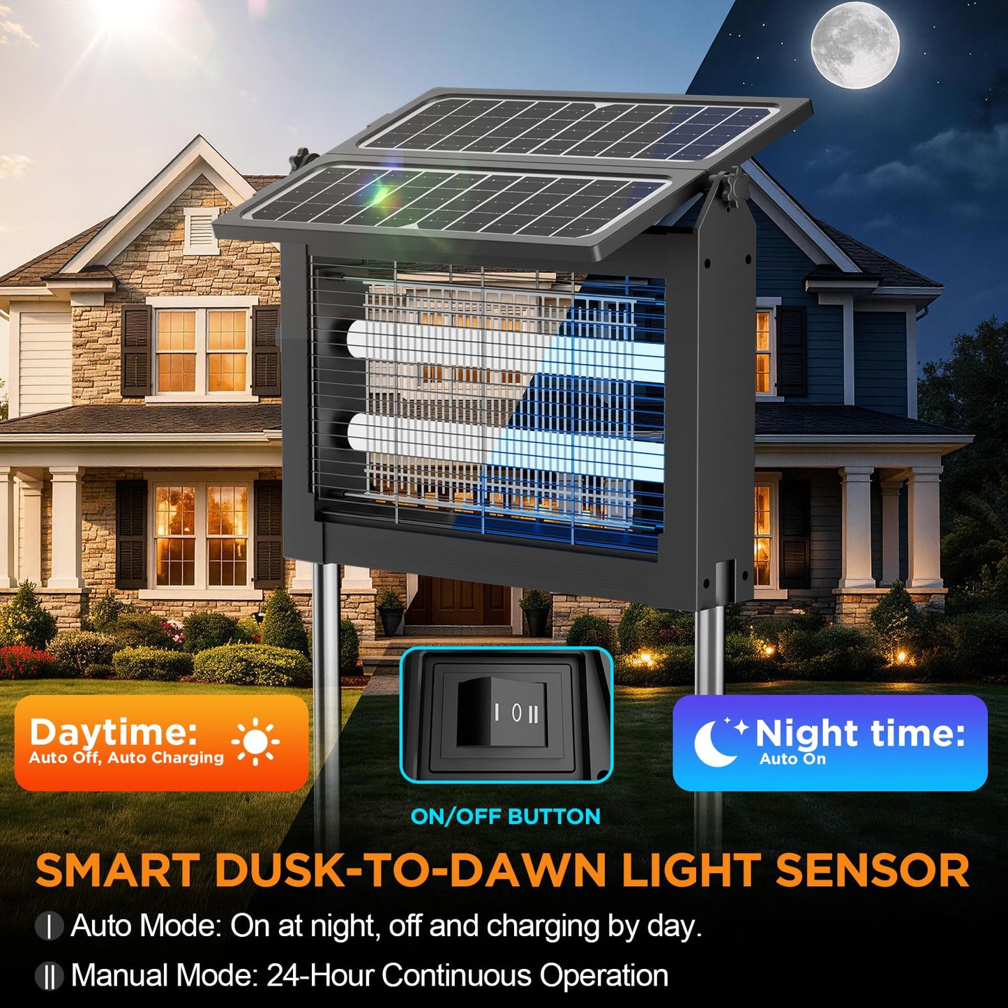 Solar Bug Zapper Outdoor, 4500V Outdoor Mosquito Zapper with Detachable Fold-Down Solar Roof Panel, IPX5 Waterproof Solar Powered Bug Zapper for Patio Yard Garden Backyard Camping, Hanging Stake Use