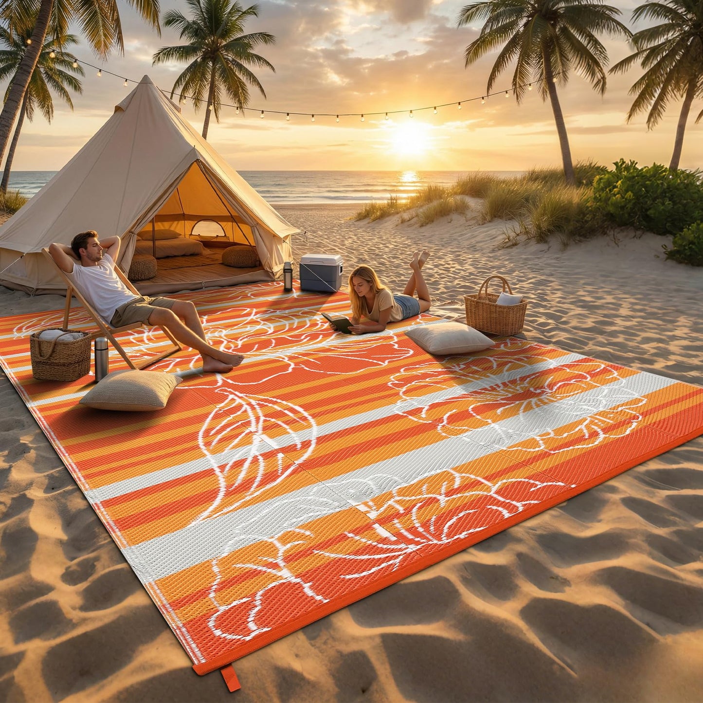 Garvee 10x14 Outdoor Waterproof Rug, Floral Outdoor Area Rug，Reversible Plastic Straw Patio Rug, Portable Camping Mat for RV, Picnic, Beach, Balcony, Garden & Camping Orange
