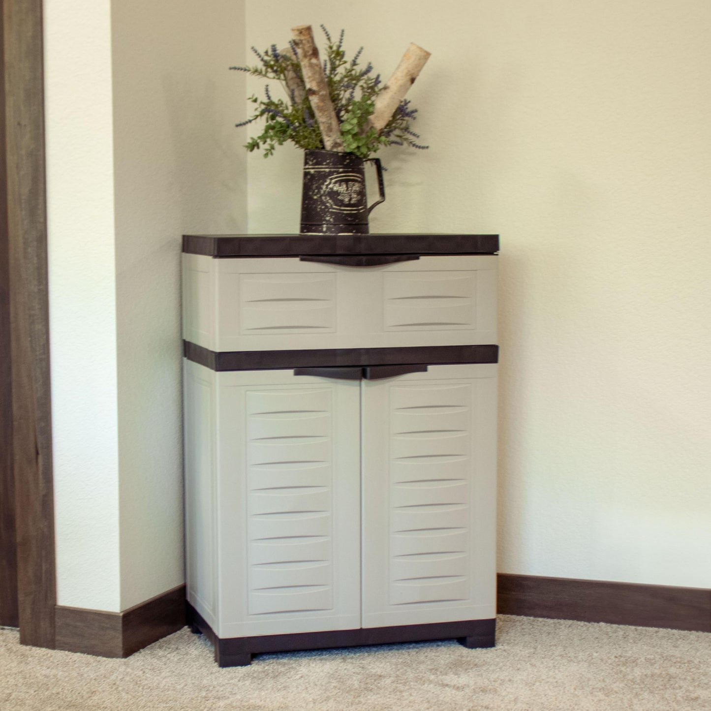 Sunnydaze 34.5" H Resin Garage Storage Cabinet - Garage Cabinet with Adjustable Shelf - Freestanding Utility Storage for Laundry Room, Office, Basement - Gray