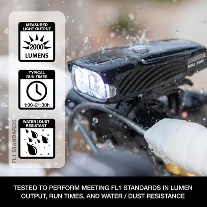 NiteRider Lumina Dual 2000 Lumen USB-C Rechargeable Dual LED Front Bike Light - 7 Modes Powerful Lumens IP64 Waterproof Bike Headlight Easy Mount Single Button Control MTB, Trail, Enduro, Road Cycling
