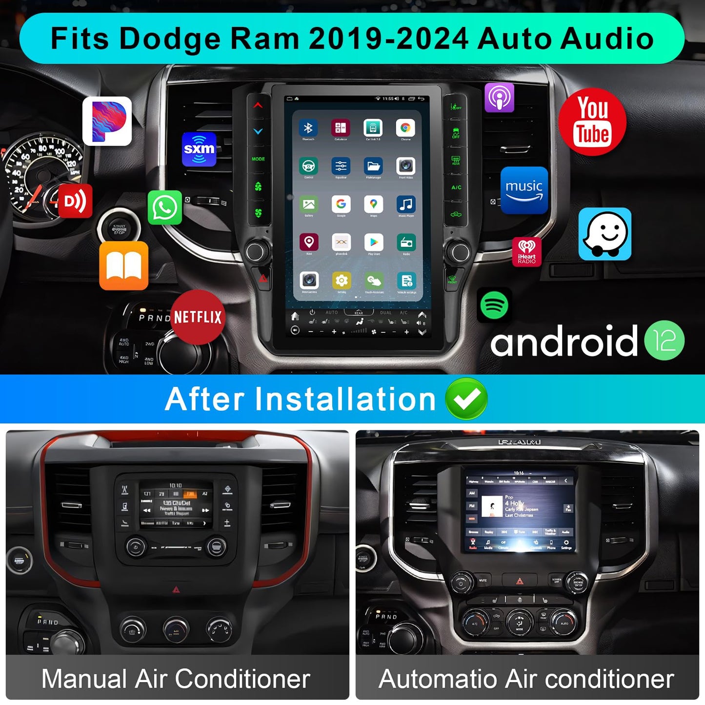 CRUIOLUT 8 Cores 4+64G Radio Upgrade,2019-2024 for Dodge Ram 1500 2500 3500 Truck Car Radio Upgrade,12 inch Vertical Touchscreen Support Wireless CarPlay Android Auto GPS Bluetooth FM SWC(12 inch)