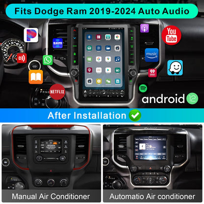 CRUIOLUT 8 Cores 4+64G Radio Upgrade,2019-2024 for Dodge Ram 1500 2500 3500 Truck Car Radio Upgrade,12 inch Vertical Touchscreen Support Wireless CarPlay Android Auto GPS Bluetooth FM SWC(12 inch)