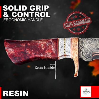 KIMPE Handmade Copper Damascus Hunting Knife – 11.5” Fixed Blade Bushcraft Knife with Engraved Guard, Resin Handle, Full Tang, Leather Sheath – Outdoor Survival, Camping & Gift Knife.
