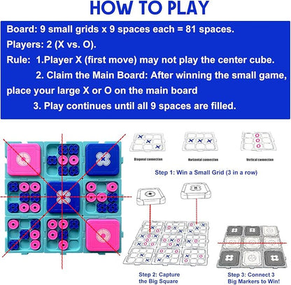 Tic Tac Toe Game Classic XO Strategy Game for 2 Players 9-in-1 Tic Tac Toe Fun Family Board Games Night Portable Set for Tables Cars Playgrounds Outdoors