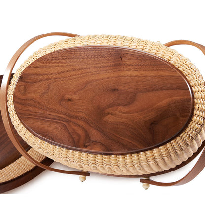 Teng Jin Nantucket Sewing Basket Purse, Containers with Dual Wood Handles .Cane-on-cane weave basket craft basket, with lid with handle