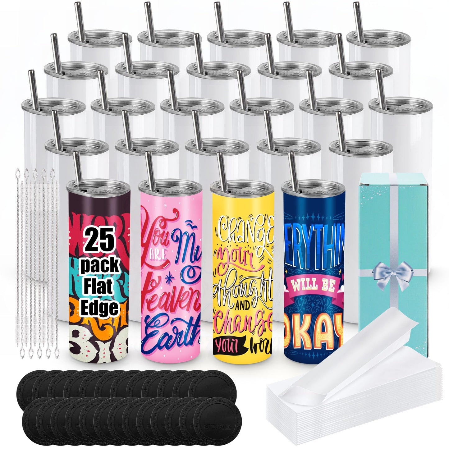 Joyclub Bundle of 10 Pack 12oz Kids Sublimation Tumbler Water Bottle and 25 Pack 20 oz Sublimation Tumblers Flat Edge Cups