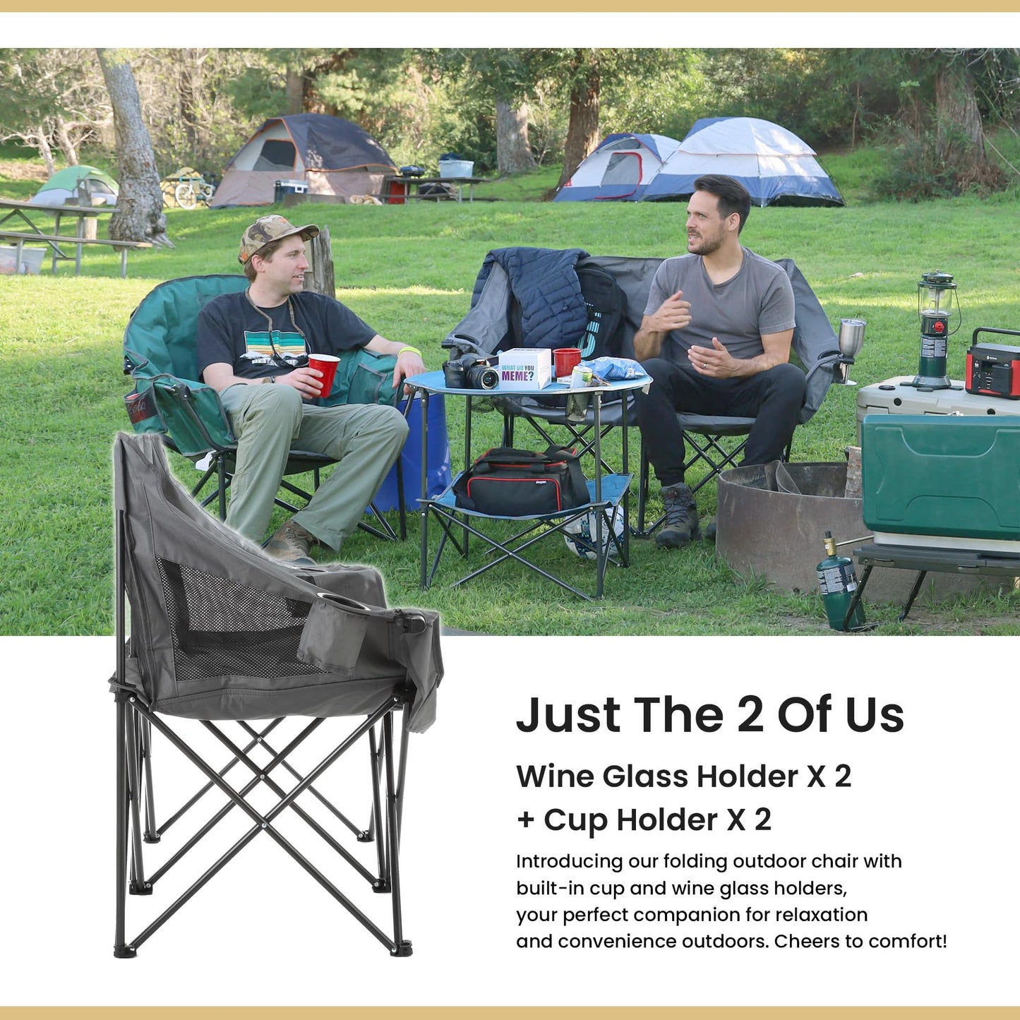 ARROWHEAD OUTDOOR 2-Pack Portable Folding Double Duo Camping Chair Loveseat w/ 2 Cup & Wine Glass Holder, Carrying Bag, Supports up to 650lbs