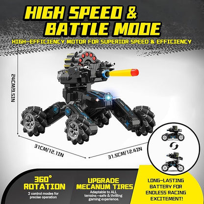 RC Tank Car with DriftHand Gesture Control Dual Mode Stunt Truck with Light Spray and Music 2.4Ghz Free Deformation Remote Control Fighting Bullets Vehicle for Kids