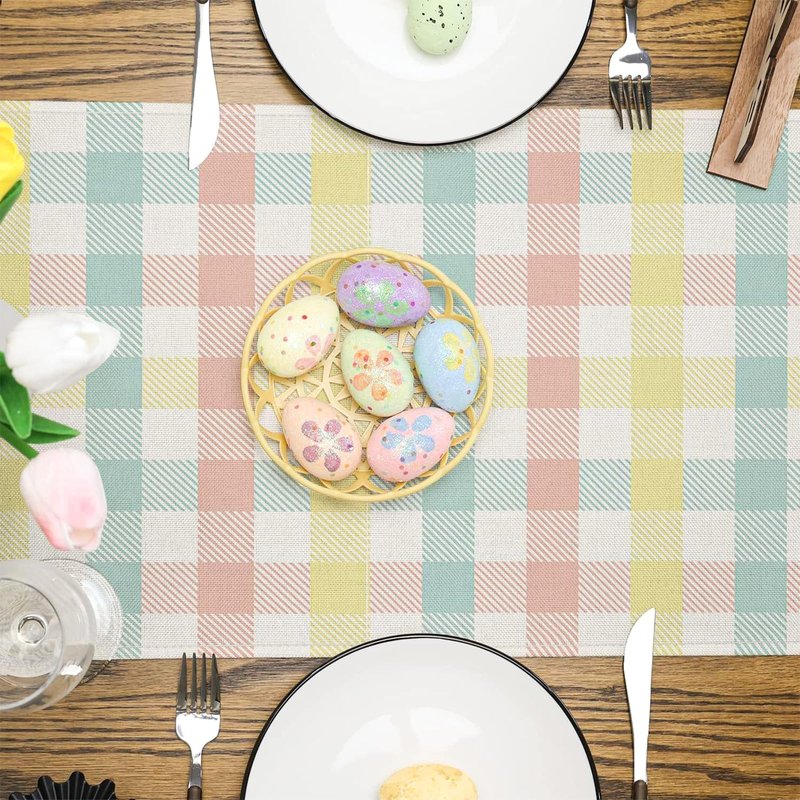 Niviy Buffalo Plaid Rabbit Bunny Happy Easter Table Runner, Easter Decorations, 13x72 Inch Check Stripes Kitchen Table Decor, Spring Kitchen Dining Table Decoration for Home Party Decor