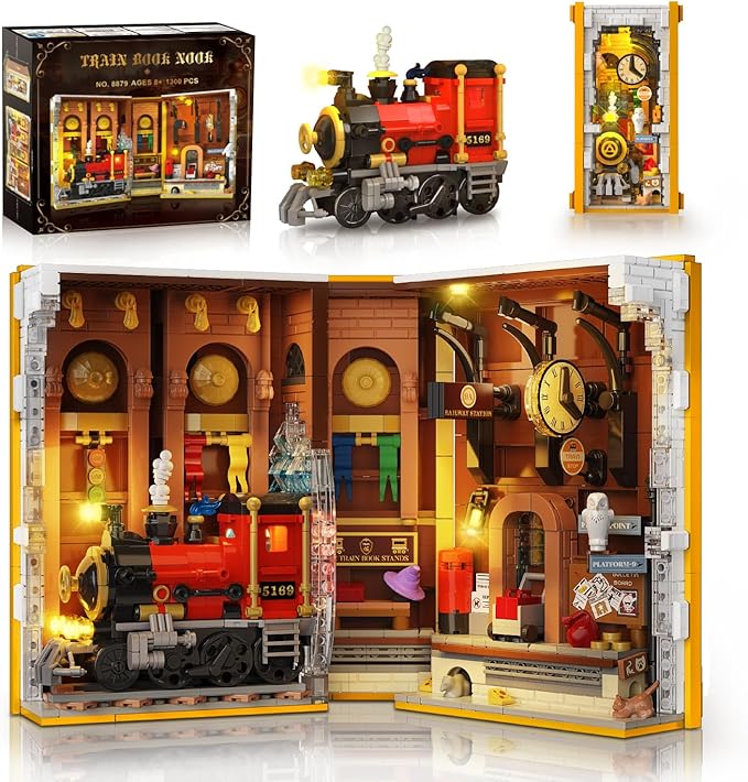HOGOKIDS Magic Train Station Book Nook Building Set with Light 1300 PCS Booknook Building Toys for Bookshelf Home Decor DIY Miniature House Model Kit Gifts for Adults Boys Girls Age 10+