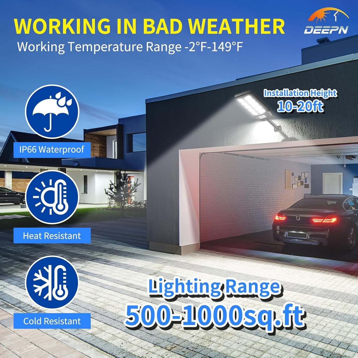 Deepn Solar Lights Outdoor, 7000W Solar Street Lights Outdoor with Motion Sensor, IP66 Waterproof Street Area Security Lights with Remote, Dusk to Dawn Solar Flood Lights for Garage Outside, 3 Pack