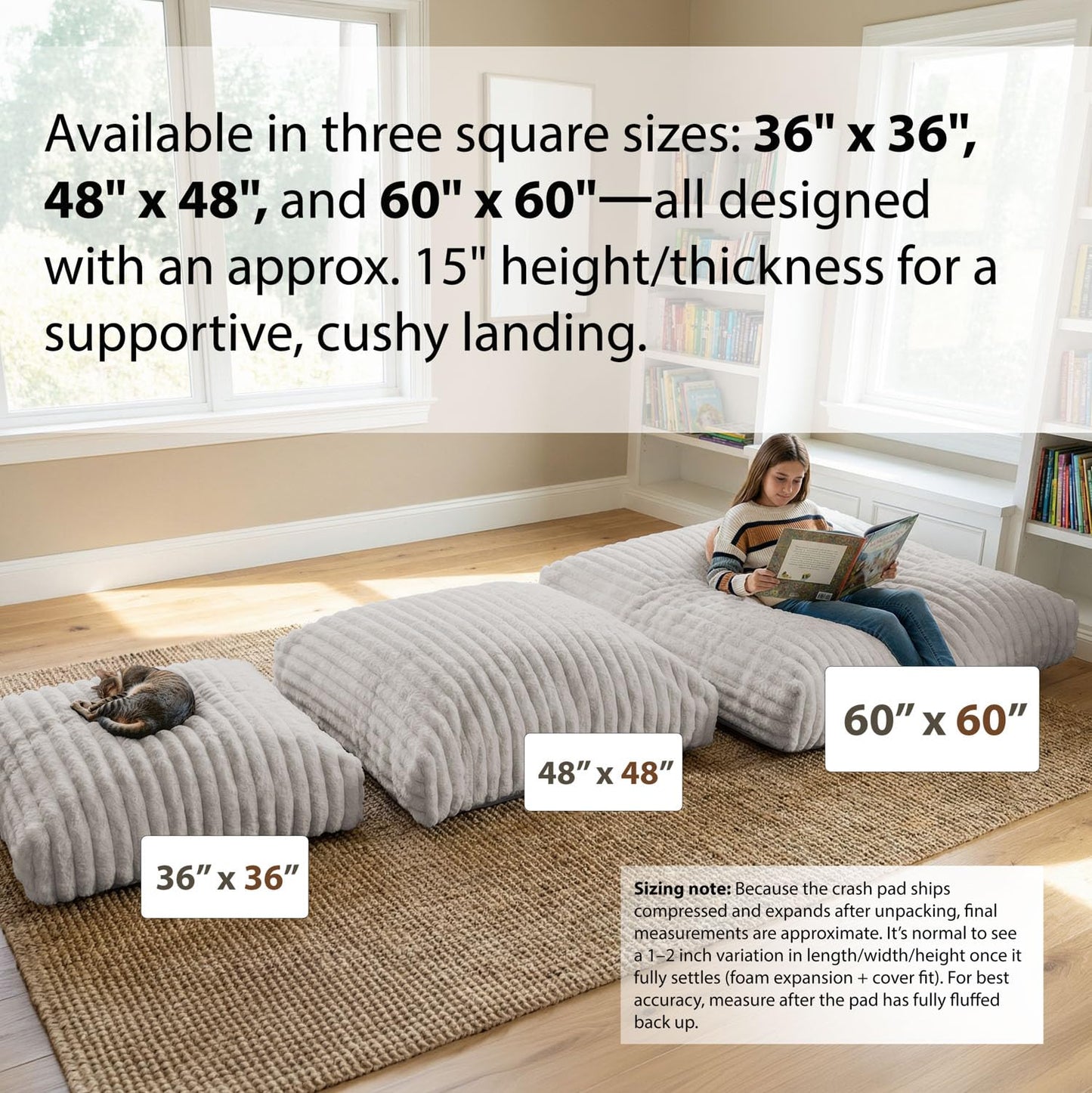 Matini Home Large Crash Pad - High-Density Foam Floor Landing Mat with Washable Cover, Professional Gymnastics Training Equipment for Impact Support, Jumping and Lounging - Light Gray, 60" x 60