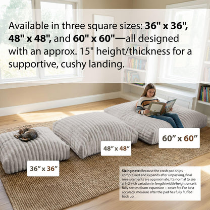 Matini Home Large Crash Pad - High-Density Foam Floor Landing Mat with Washable Cover, Professional Gymnastics Training Equipment for Impact Support, Jumping and Lounging - Light Gray, 60" x 60