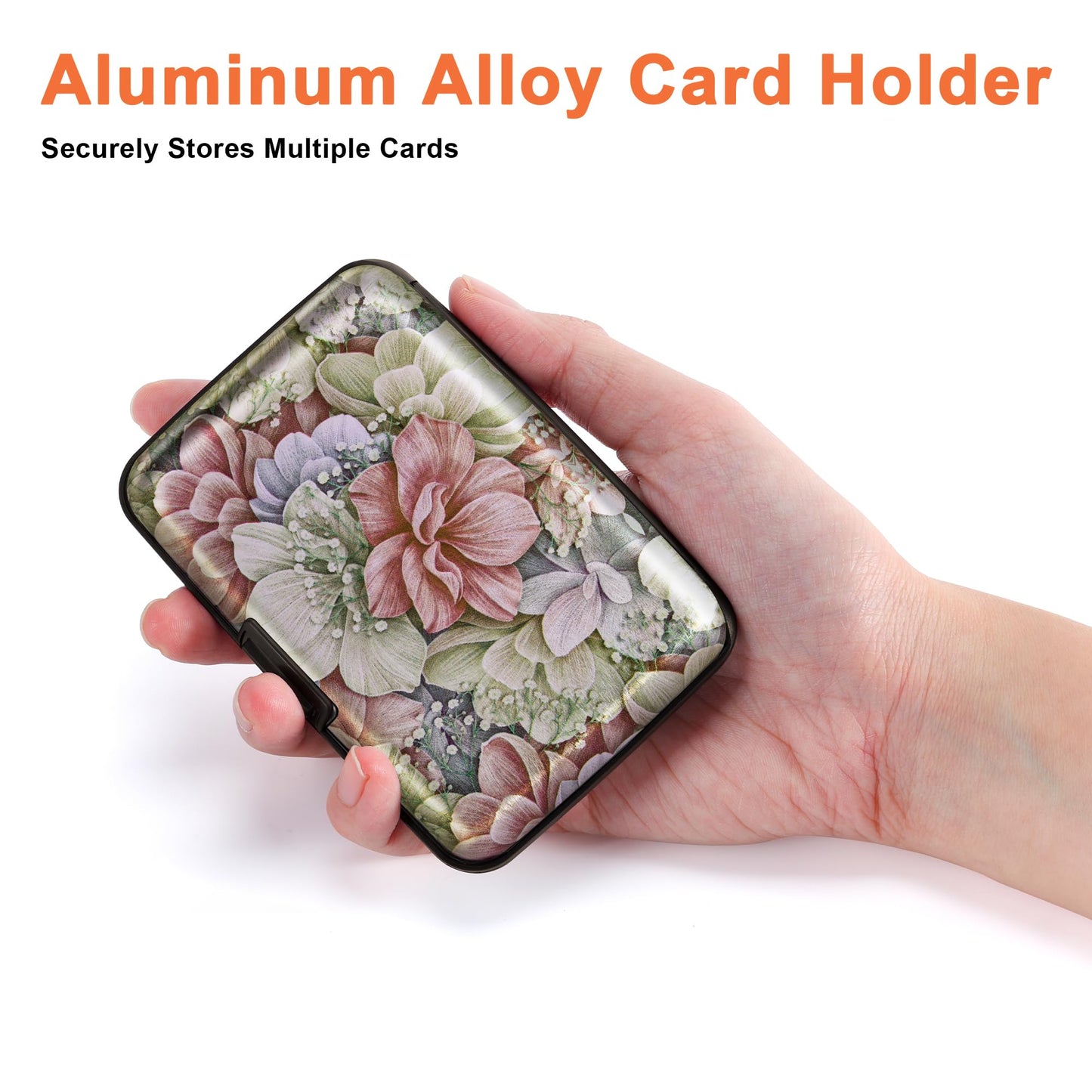 Mayski Credit Card Holder, RFID Blocking, Aluminum Alloy Hard Case, Small Mini Business Metal Wallet for Women Men, Happy Flower