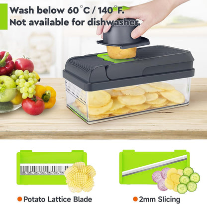 MealHelper 12-in-1 Vegetable Chopper - Versatile 7 Blade Food Chopper with Container | Green/Grey Kitchen Essential