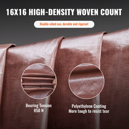 VEVOR Tarp 20x40 ft 16 Mil Extra Thick, Waterproof Poly Plastic Tarps Cover, Multi-Purpose Outdoor Tarpaulin with Grommets & Reinforced Edges for Truck, RV, Boat, Camping (Brown)