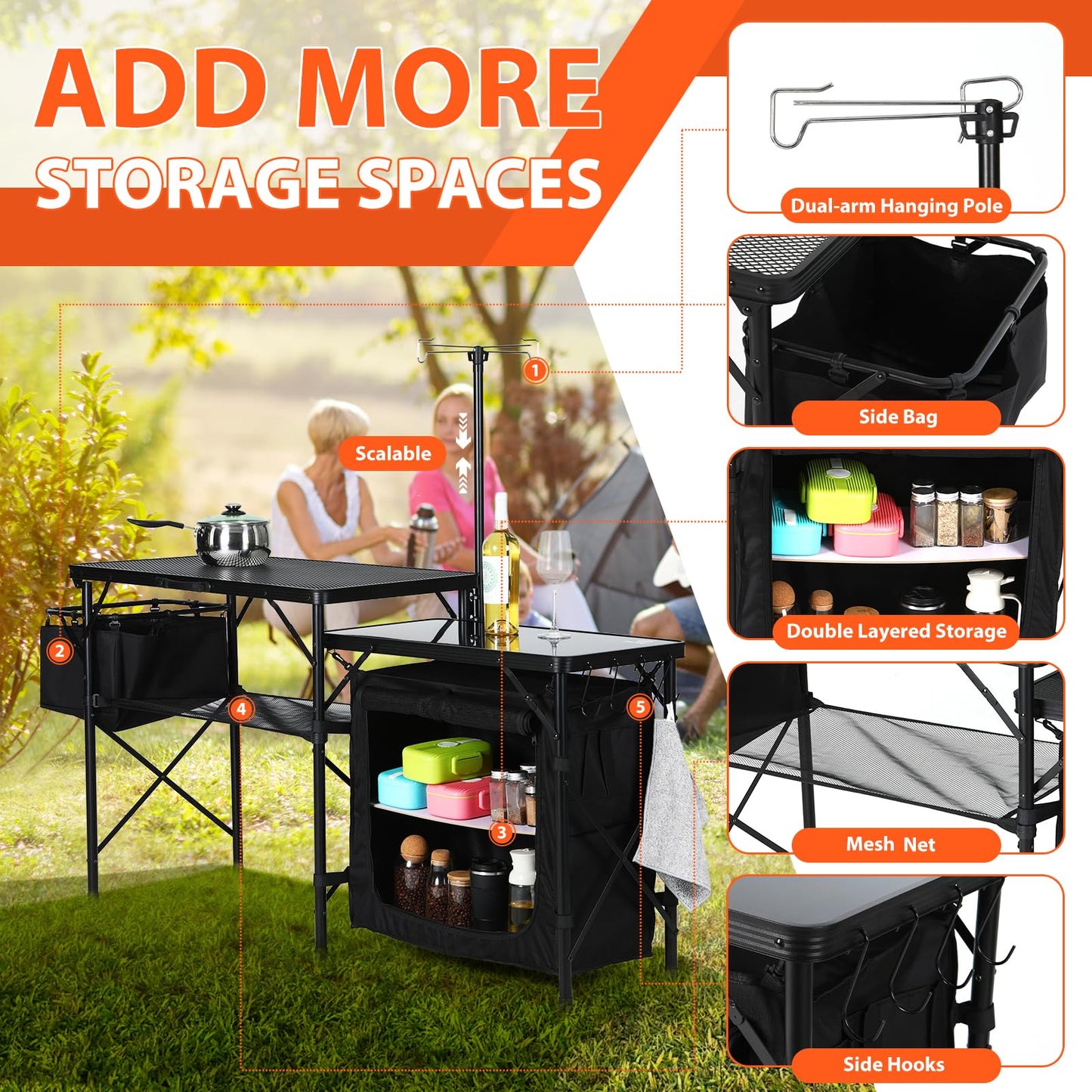 Nice C Camping Kitchen Table, Portable Folding Camp Cook Station, Storage Organizer, with Light Poles, Storage, Side Bag, Side Hooks, for Outdoor, Picnic, Beach, RV Traveling (Black)