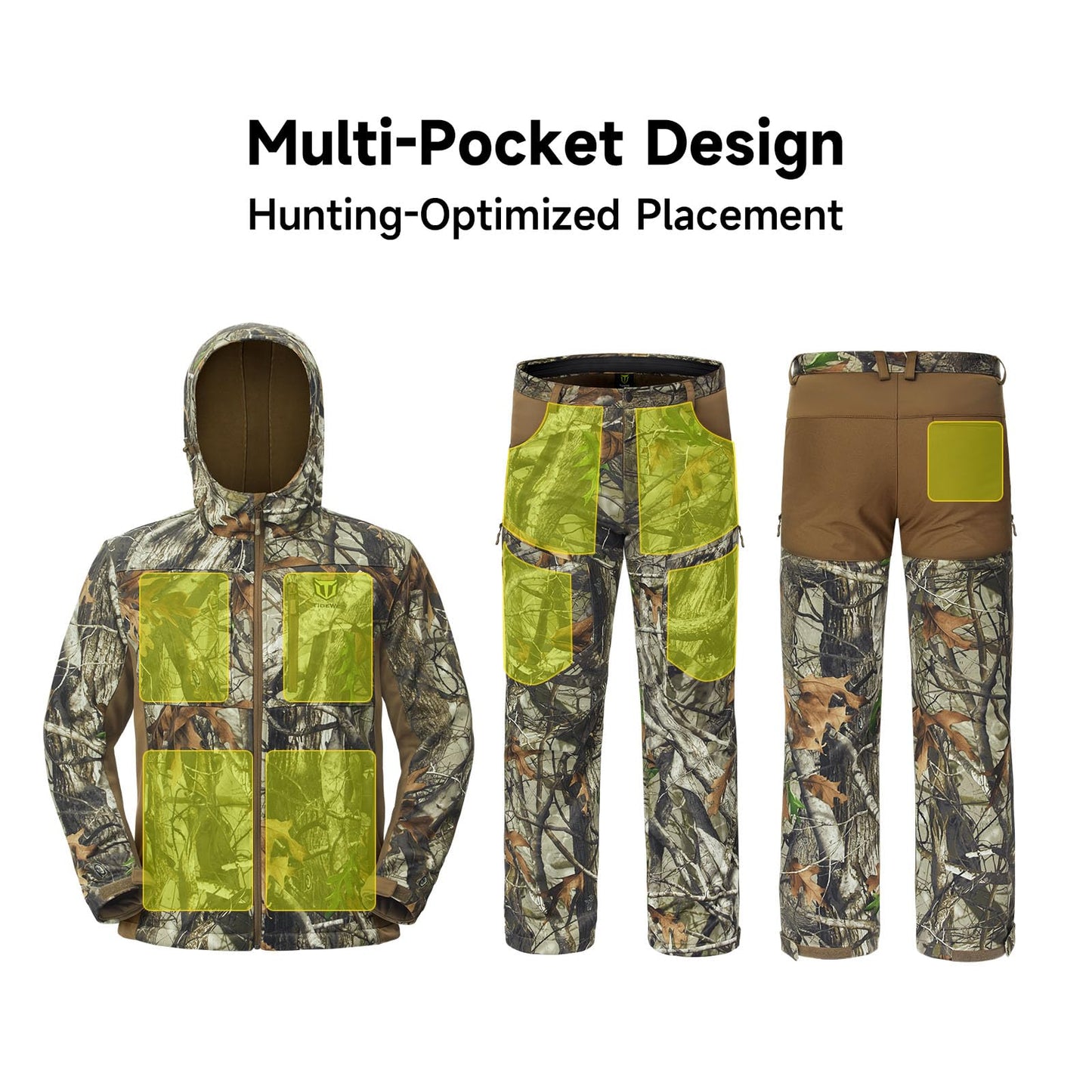 TIDEWE Hunting Clothes for Men with Fleece Lining, Safety Strap Compatible Water Resistant Silent Jacket and Pants, Hunting Suit for Climbing Hiking Trekking Camping (Next Camo G2 Size XL)