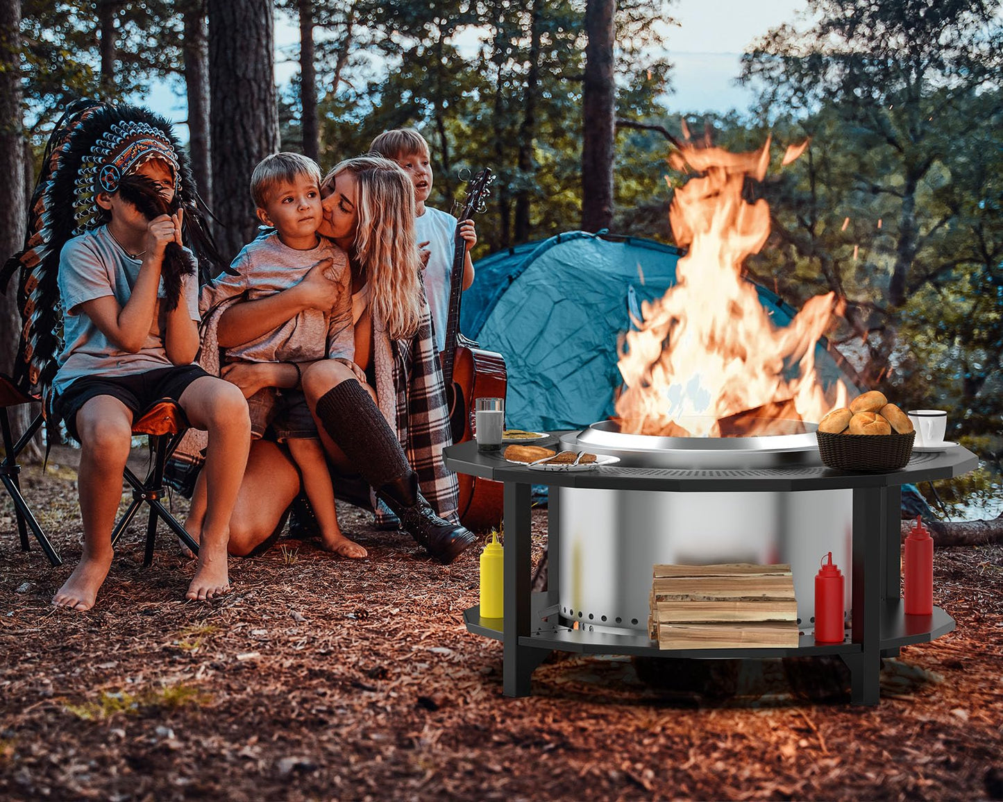 Fire Pit Surround Tabletop for Solo Stove Yukon, Bonfire, Tiki, Outdoor Smokeless Fire Pit Table for Wood Burning Fire Pits, Powder-Coated Steel Stove Table Surround with Cover for Solo Stove