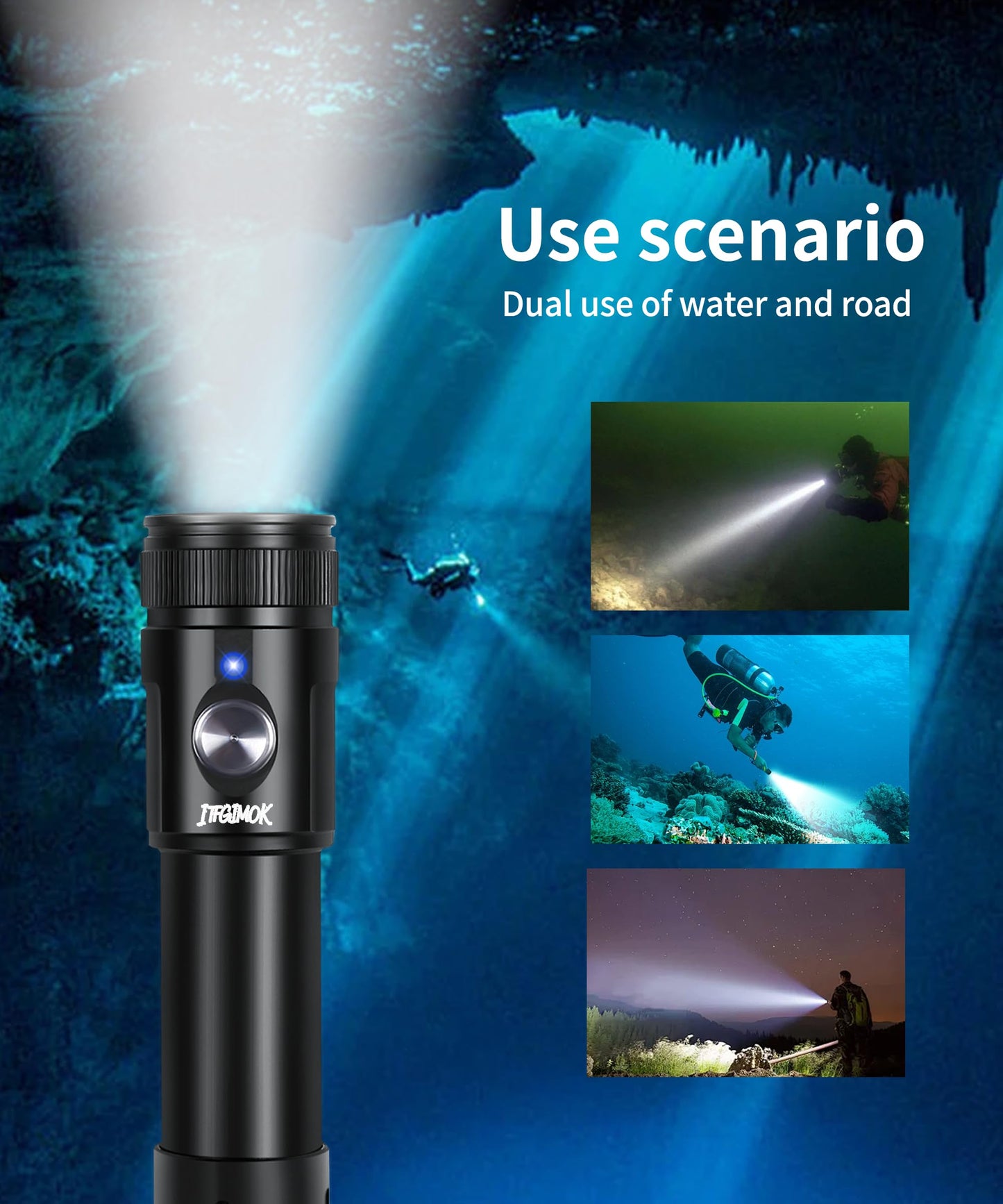 ITFGIMOK Super Bright Dive Light, IP68 Waterproof Flashlight with 3 Adjustable Beams (3° Spot/24° Flood/72° Wide), for Underwater Photography, Macro Video, Night Diving