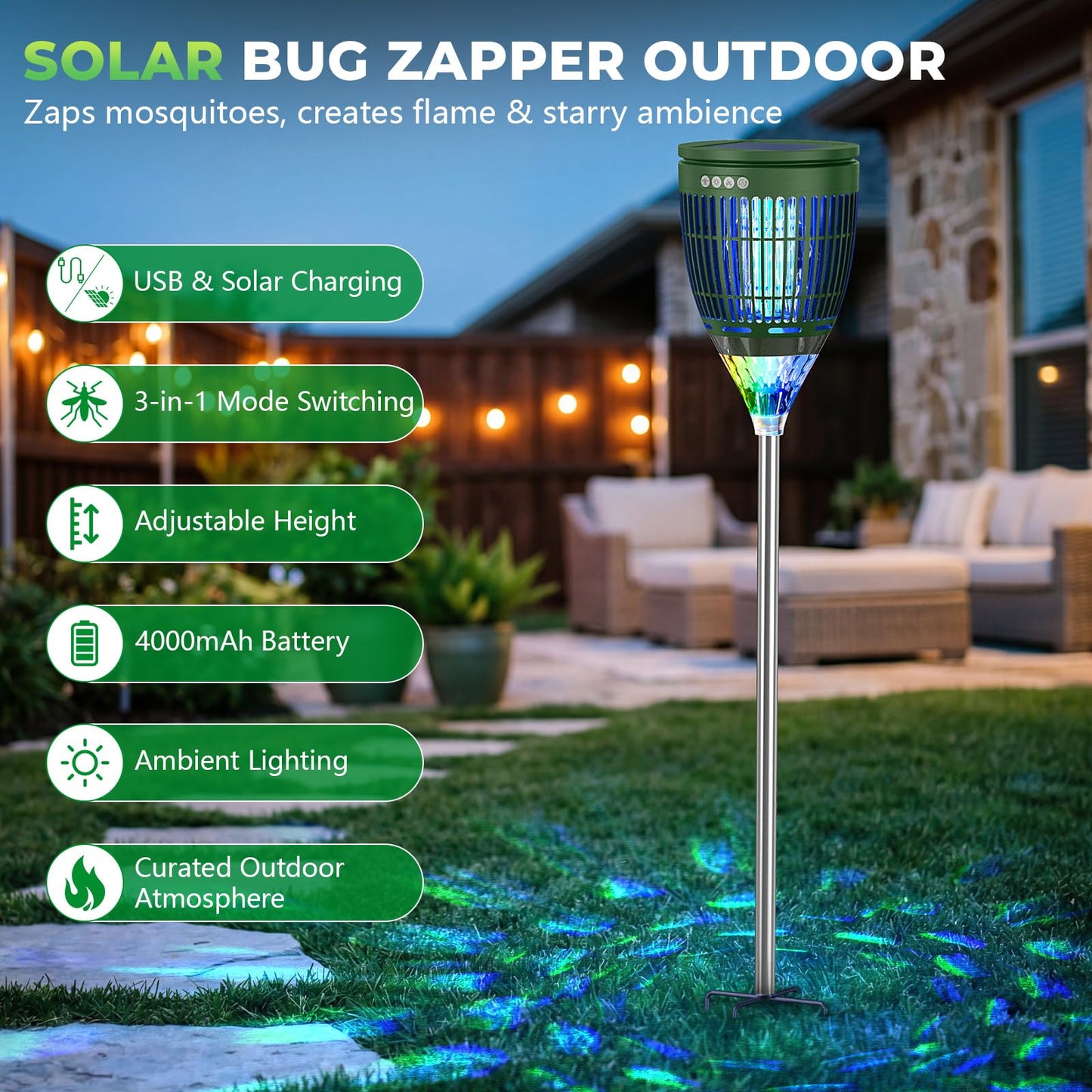Solar Bug Zapper Outdoor Waterproof with Flame Effect Light, 10 Starry Ambient Light with Breathing Effect Height Adjustable with Ground Stake for Patio, Garden, Yard & Pathway (Green)