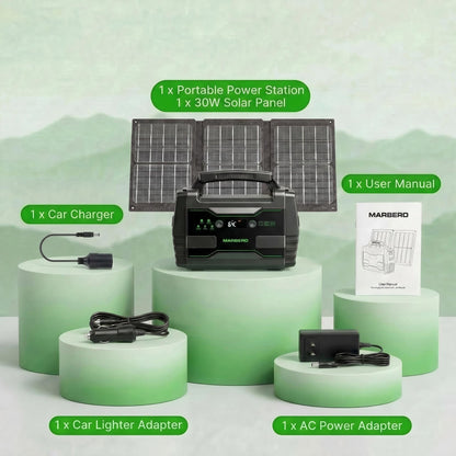 MARBERO Solar Generator 155Wh with 30W Solar Panel Portable Power Station with 2x 100W AC Outlets(Peak 150W), QC3.0 USB UL Certified for Home Blackout, Camping, RV Travel, Ultra-Light & Silent Fan