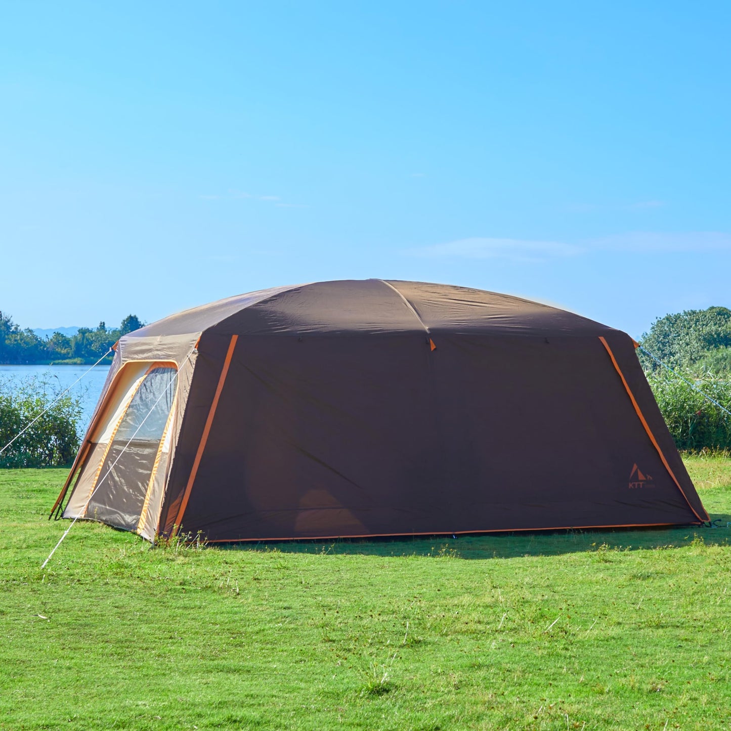 KTT Extra Large Tent 12-14 Person,Family Cabin Tents,2 Rooms,Straight Wall,2 Doors 4 Windows with Mesh,Waterproof,Straight Wall,Big Tent for Outdoor,Picnic,Camping,Gathering(Brown)