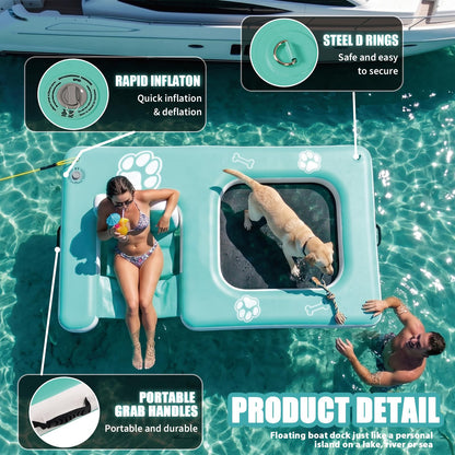 JUSTOOP Inflatable Dog Pool Float with Seat, Durable PVC Inflatable Floating Dock with Mesh Swim Area, Floating Platform Swim Docks for Adults & Dogs, 242 lbs Capacity, Portable Floating Lounge