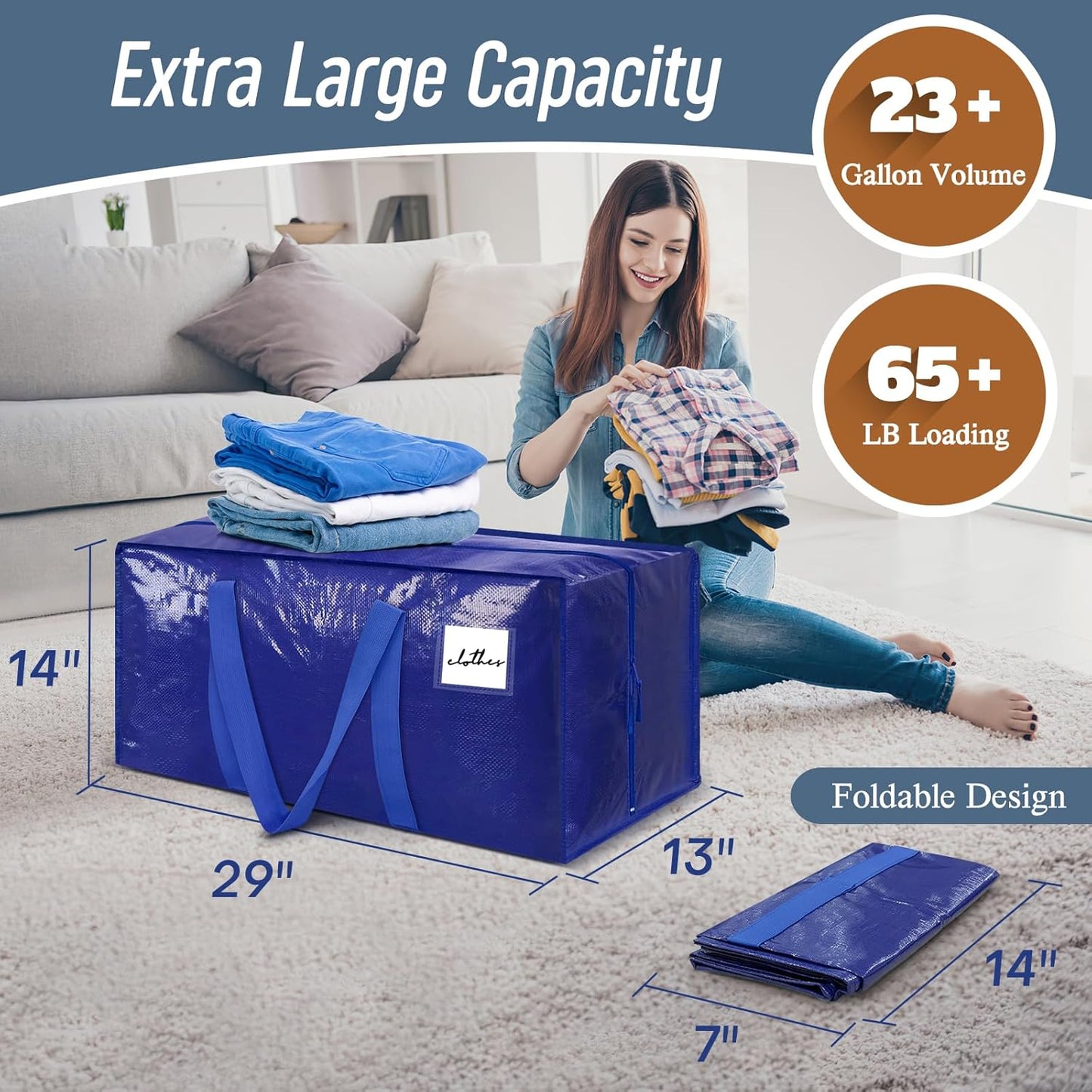 Regine Switzerland 6-Pack Extra Heavy Duty Moving Bags - Strong Zipper & Comfortable Handles, Durable Storage Totes in Blue