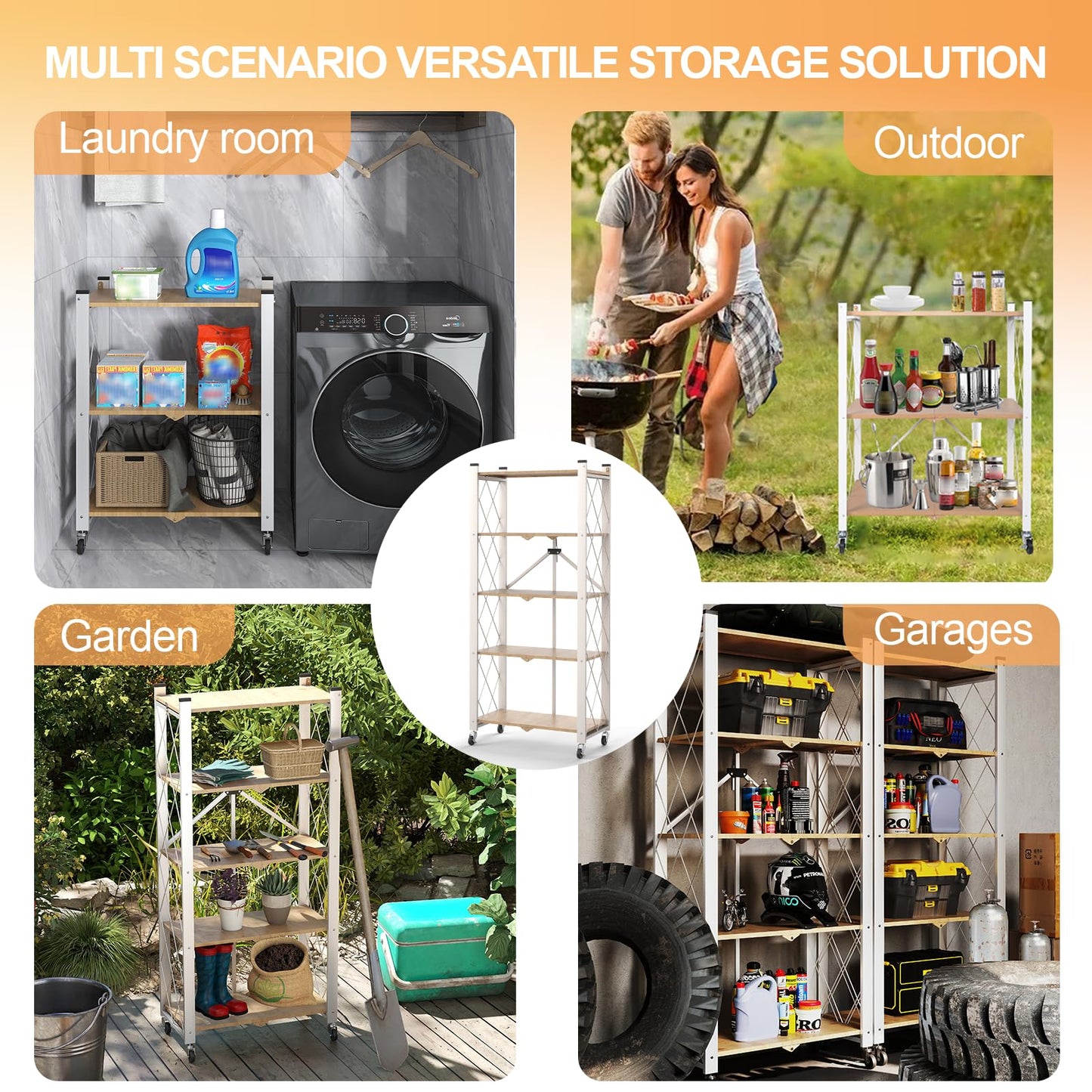Yuanjimi 5-Tier Foldable Storage Shelves with Wheels, Folding Metal Shelf Unit, Folding Bookshelf no Assembly, Collapsible Shelves for Craft Shows for Kitchen, Bedroom, Living Room, Natural
