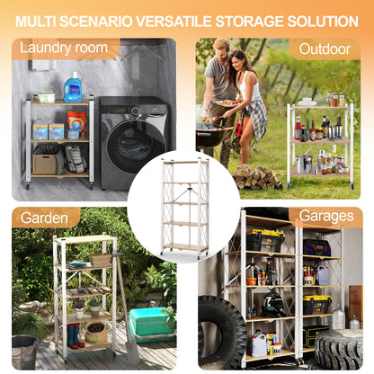 Yuanjimi 5-Tier Foldable Storage Shelves with Wheels, Folding Metal Shelf Unit, Folding Bookshelf no Assembly, Collapsible Shelves for Craft Shows for Kitchen, Bedroom, Living Room, Natural