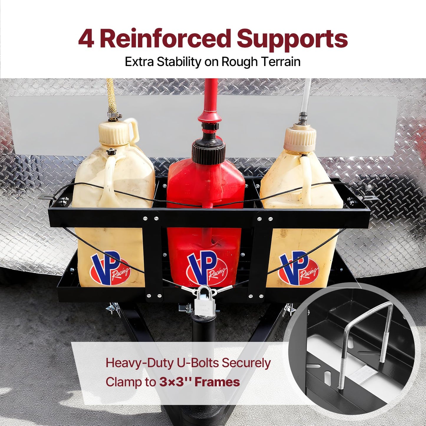 Feimire Fuel Jug Holder, Fits Two or Three 5 Gallon Gas Cans, Heavy-Duty Trailer Gas Can Mount Compatible with VP Racing Fuel Jug 5.5 Gallon(11"*11"), All-Metal Fuel Can Rack with Lock Cable & U-Bolts (3 Cans)