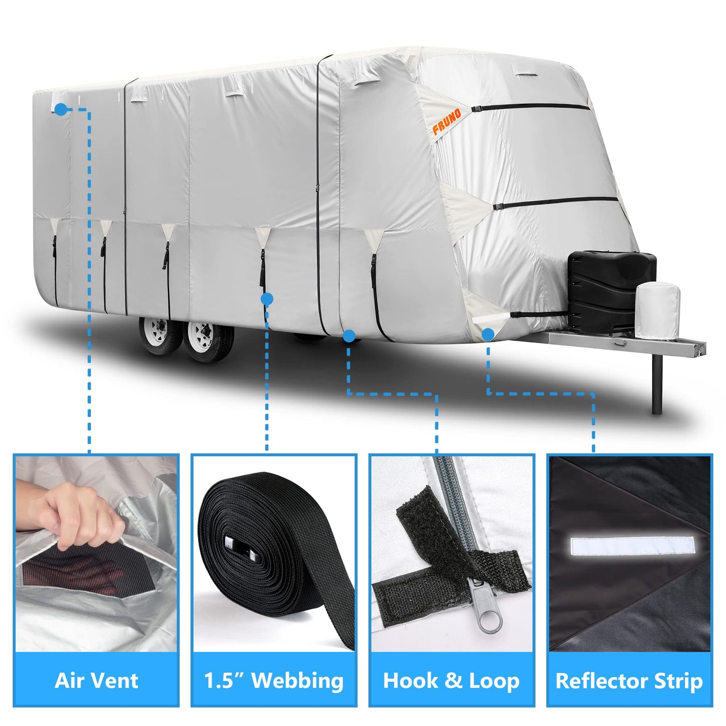 FRUNO Oxford Fabric Travel Trailer Cover RV Cover 22'-24' Waterproof Rip-Resistant Anti-UV Camper Cover for Winter Snow with Jack Cover 4 Tire Covers and Gutter Covers