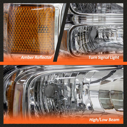 AXLAHA Headlight Assembly for 2005 2006 2007 Ford F250 F350 F450 F550 Super Duty Chrome Housing Amber Reflect 05 Ford Excursion Headlamps Driver and Passenger Side