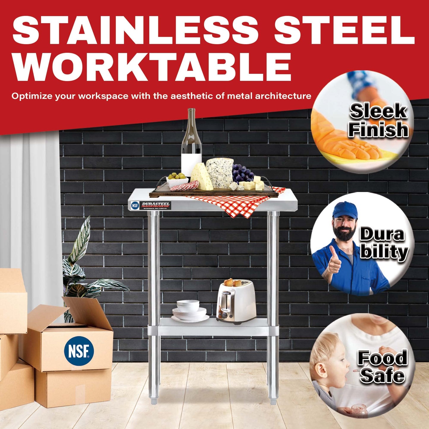 DuraSteel NSF Commercial Kitchen Table - 30 x 12 Inch Cooking Prep Stainless Steel Kitchen Island Workstation with Adjustable Under Shelf - Heavy Metal Workbench For Restaurant, Home, Garage