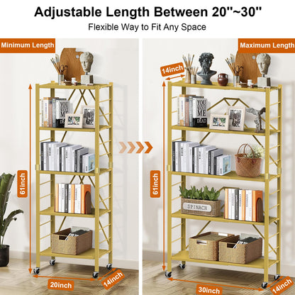 5 Tier Foldable Storage Shelves, Expandable Folding Shelving Units with Wheels, Changeable into 2 Shelf Units, Collapsible Adjustable Storage Rack Metal Shelves for Storage, Pantry, Garage, Gold