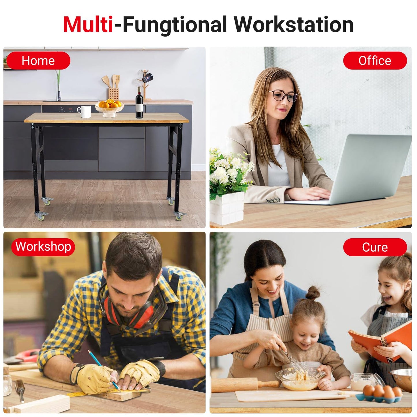 48" Height Adjustable Workbench, 2000 LBS Load Capacity Rubber Wood Top, Heavy Duty Workstation with Wheels, Hardwood Work Table for Garage Workshop Home Repair
