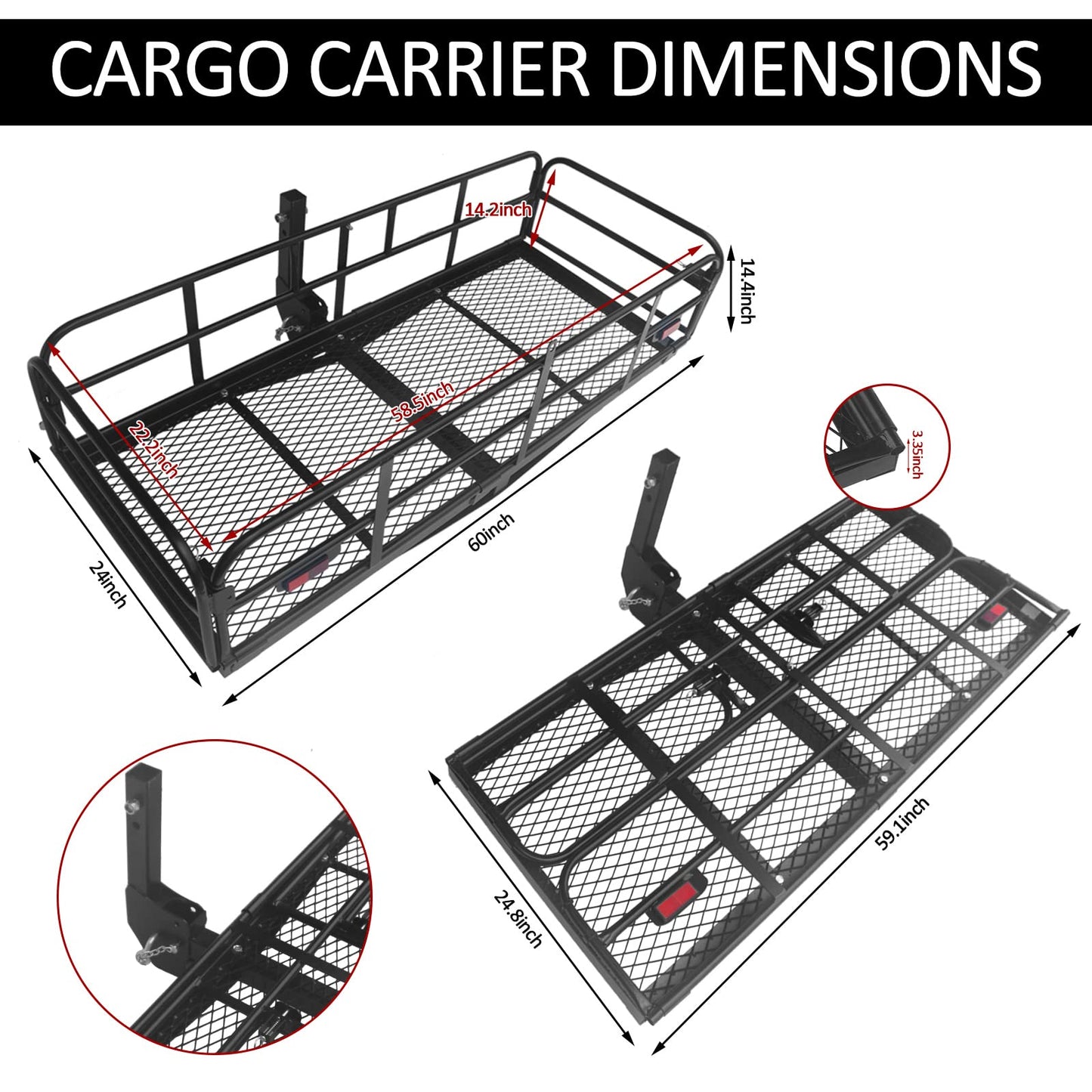 Carivia Folding Hitch Mount Cargo Carrier 60" x 24" x 14" 510 LB Capacity Heavy Duty Cargo Rack Rear Luggage Basket Fits 2" Receiver for Car SUV Pickup Trailer Camping