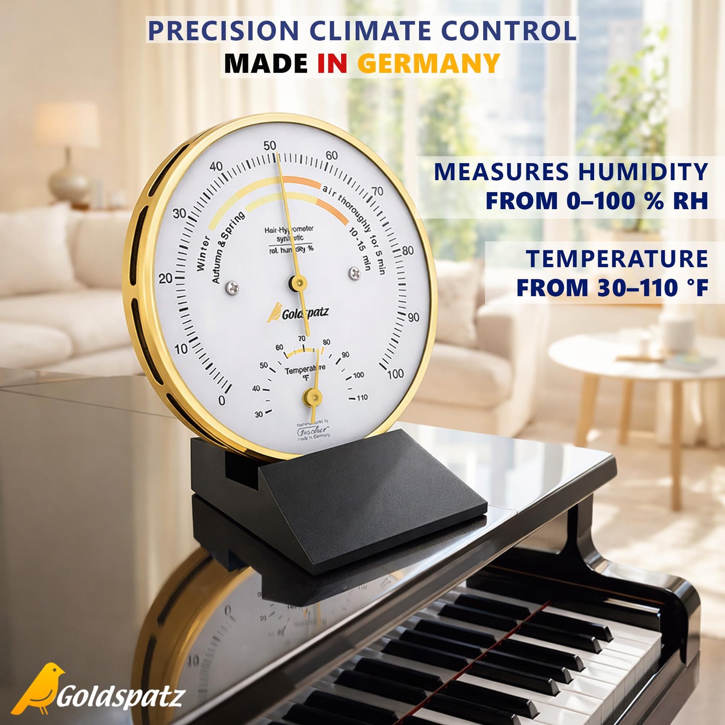 Goldspatz Living Climate Hygrometer with Thermometer °F (US Version), Ø 103 mm - Made in Germany