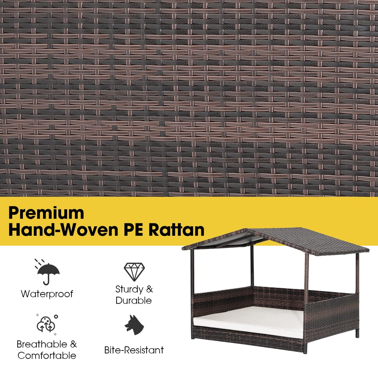 PETSITE Wicker Elevated Dog Bed with Weatherproof Roof, Raised Rattan Pet House Indoor/Outdoor with Removable Cushion Lounge for Small, Medium Dogs