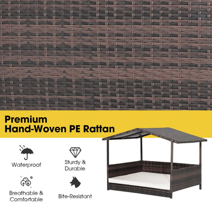PETSITE Wicker Elevated Dog Bed with Weatherproof Roof, Raised Rattan Pet House Indoor/Outdoor with Removable Cushion Lounge for Small, Medium Dogs