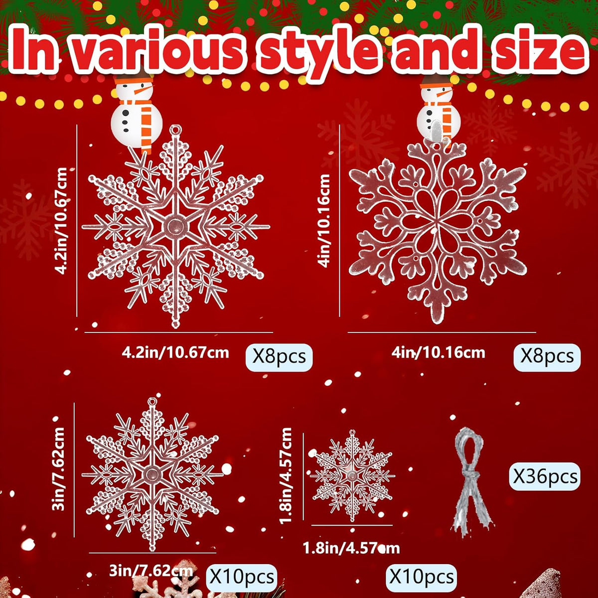 Skiennix Christmas Tree Decorations - 36Pcs Clear Plastic Snowflake Ornaments for Winter Wonderland Decor