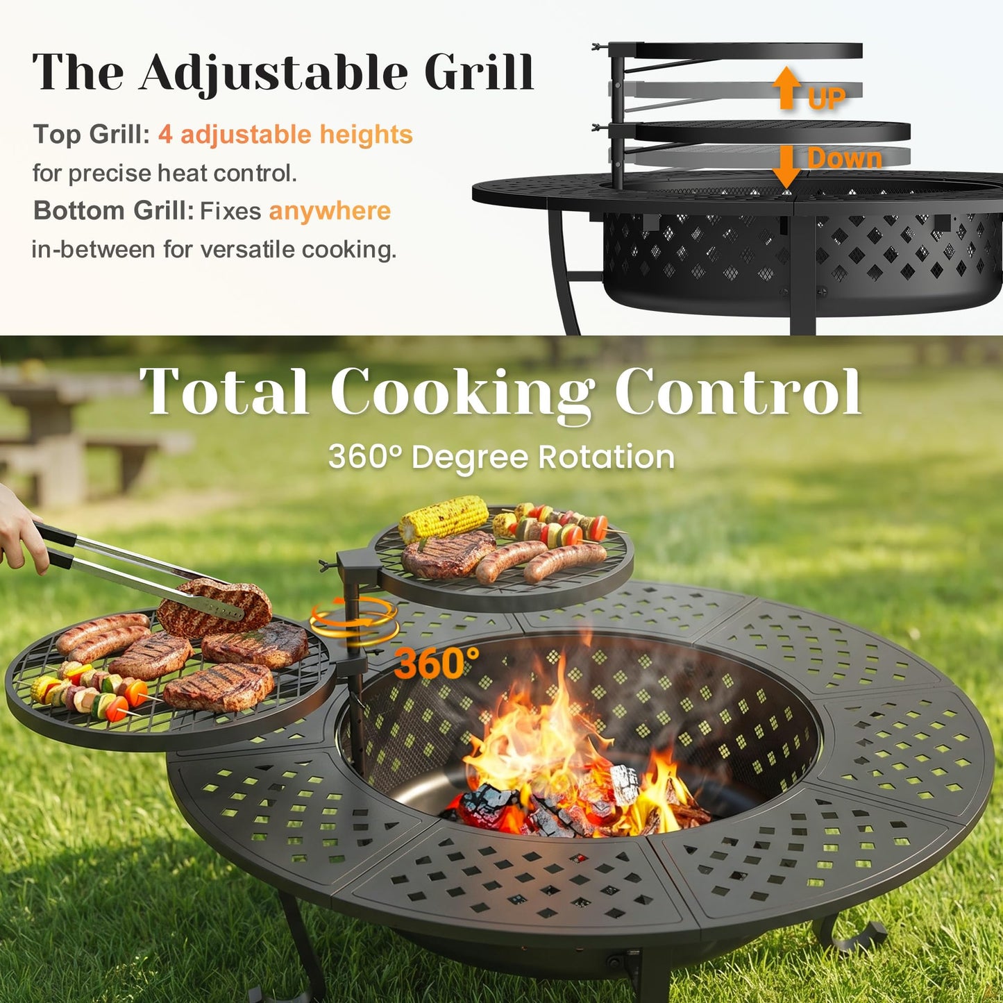 Outdoor Fire Pit, 48" Fire Pit for Outside Wood Burning with Adjustable 2 Grills, Firepit with Lid and Fire Poker, BBQ, Bonfire, Round Outdoor Fireplace 3 in 1 for Patio, Backyard, Garden, Camping