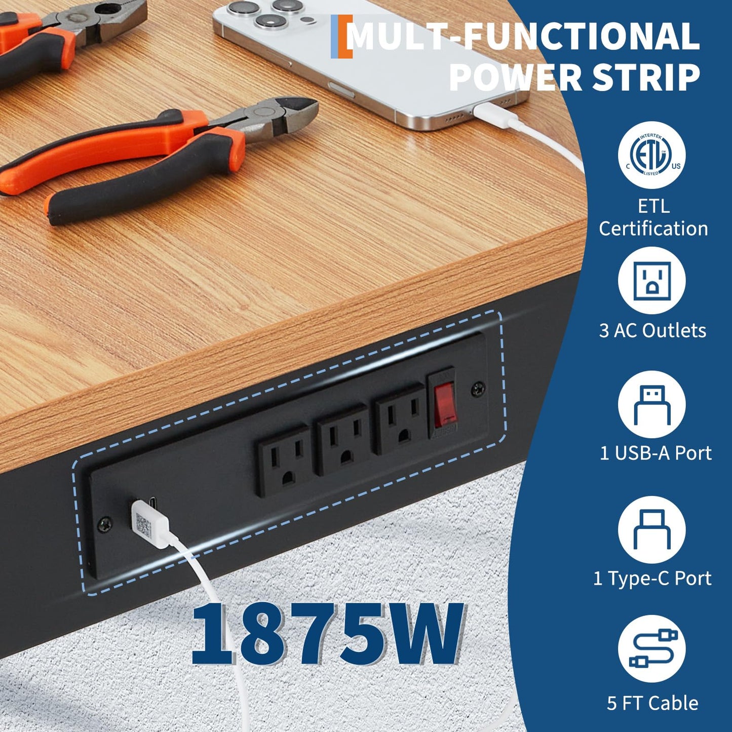 48" Work Bench with Power Outlet, 48" x 24" Work Benches for Garage, Adjustable Height Workbench, 2000 LBS Tool Bench for Workshop & Home