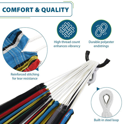 Vivere Double Cotton Hammock with Space Saving Steel Stand, Upgraded Polyester End Strings 450 lb Capacity - Premium Carry Bag Included - USA Grown Cotton (Rio Night)