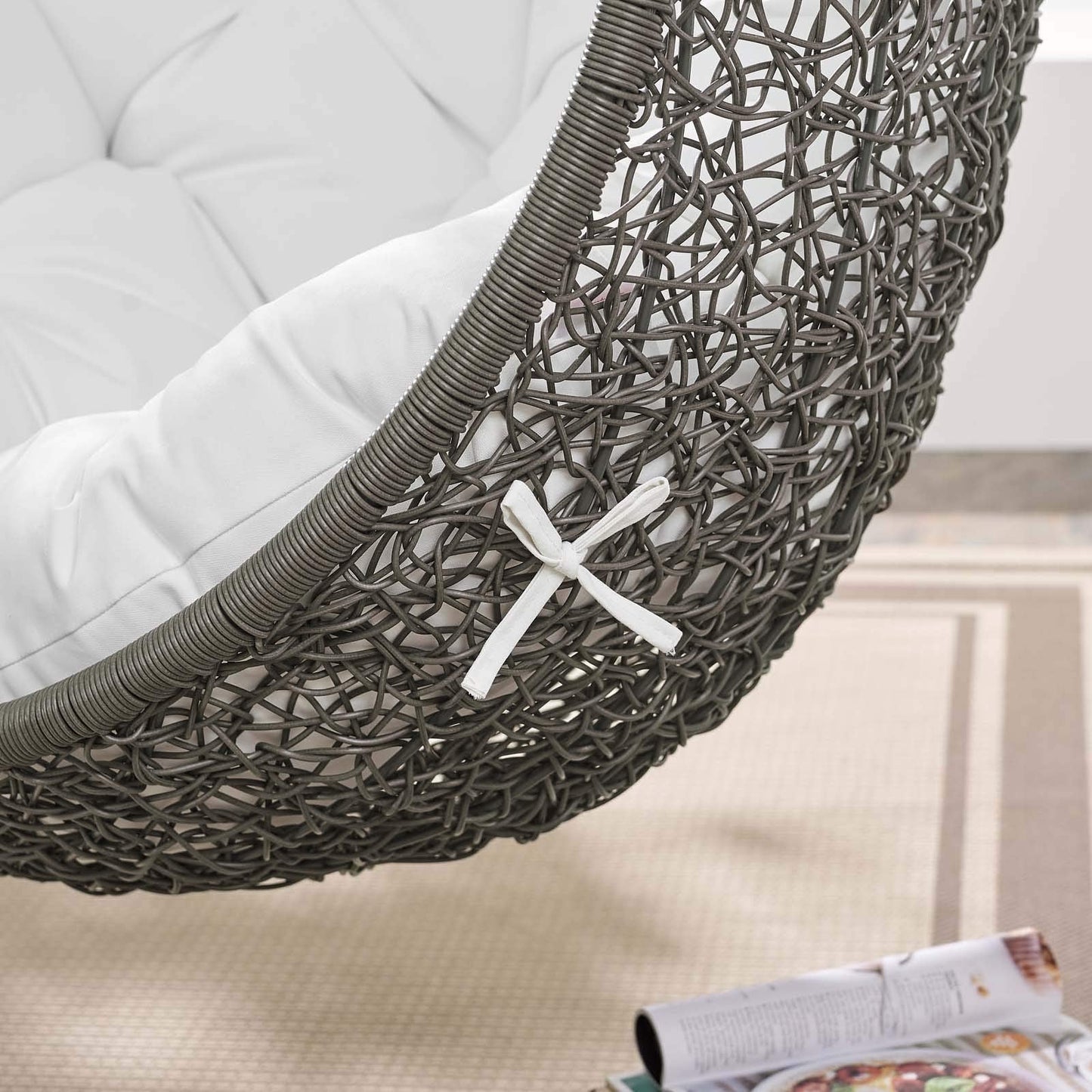Modway Hide Wicker Rattan Outdoor Patio Porch Lounge Egg Swing Chair Set with Stand in Gray White