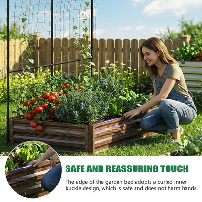 SUNYRISY Galvanized Raised Garden Bed with 87" H Arch Trellis for Climbing Plants Outdoor, Large Metal Planter Box with Netting for Gardening Flowers Vegetables Fruit, Wood Grain