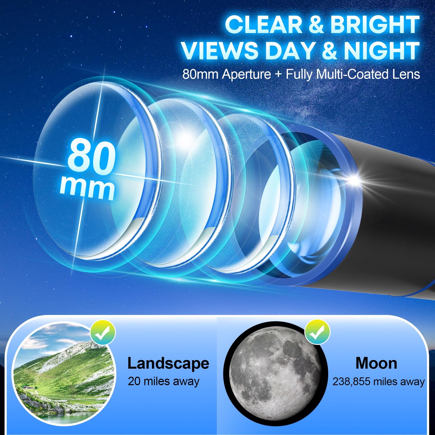 Hawkko Telescope for Adults & Kids Beginners, 80mm Aperture 500mm Telescopes for Adults Astronomy, (20X-150X) Portable Refractor Telescope Kit with Decorate Stickers, Backpack, Phone Adapter-BlackBlue